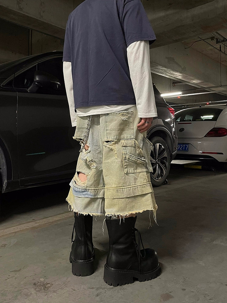Shredded Edge Ripped Denim Shorts