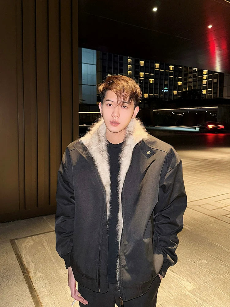 라이트 페이크 퍼 트리밍 라펠 블랙 봄버 재킷