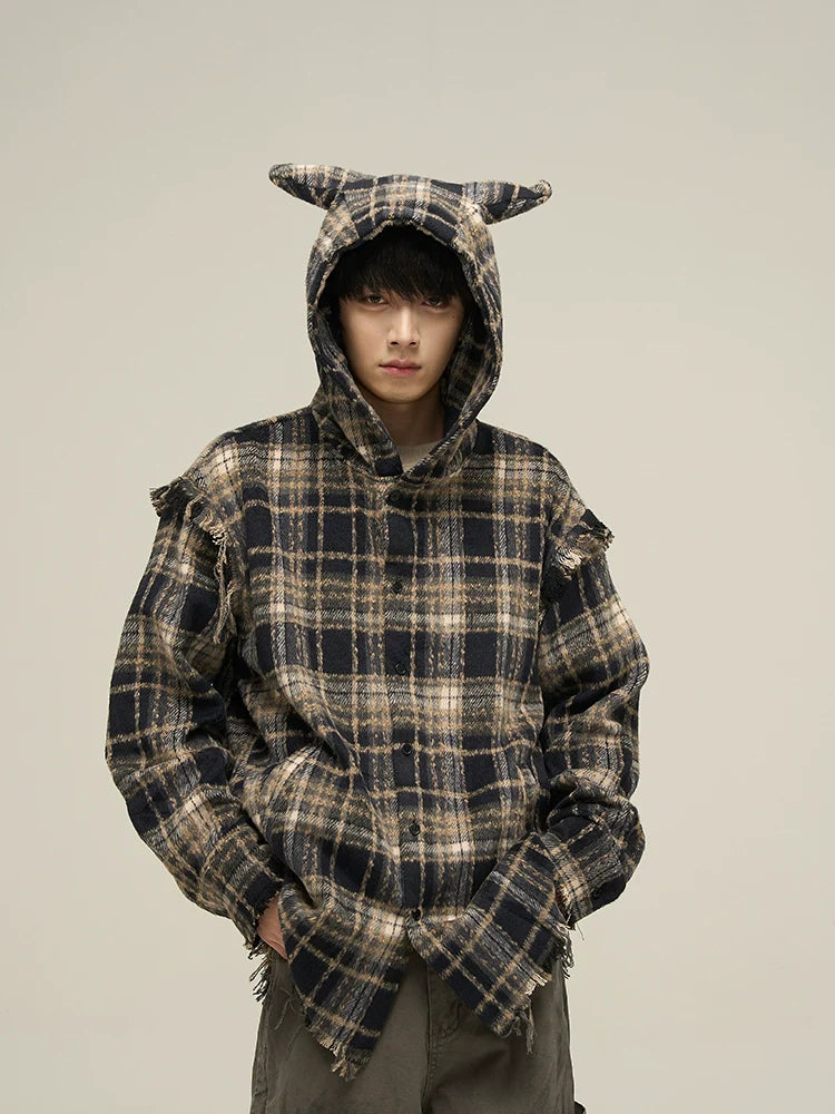 Plaid Flannel Hoodie with Cat Ears