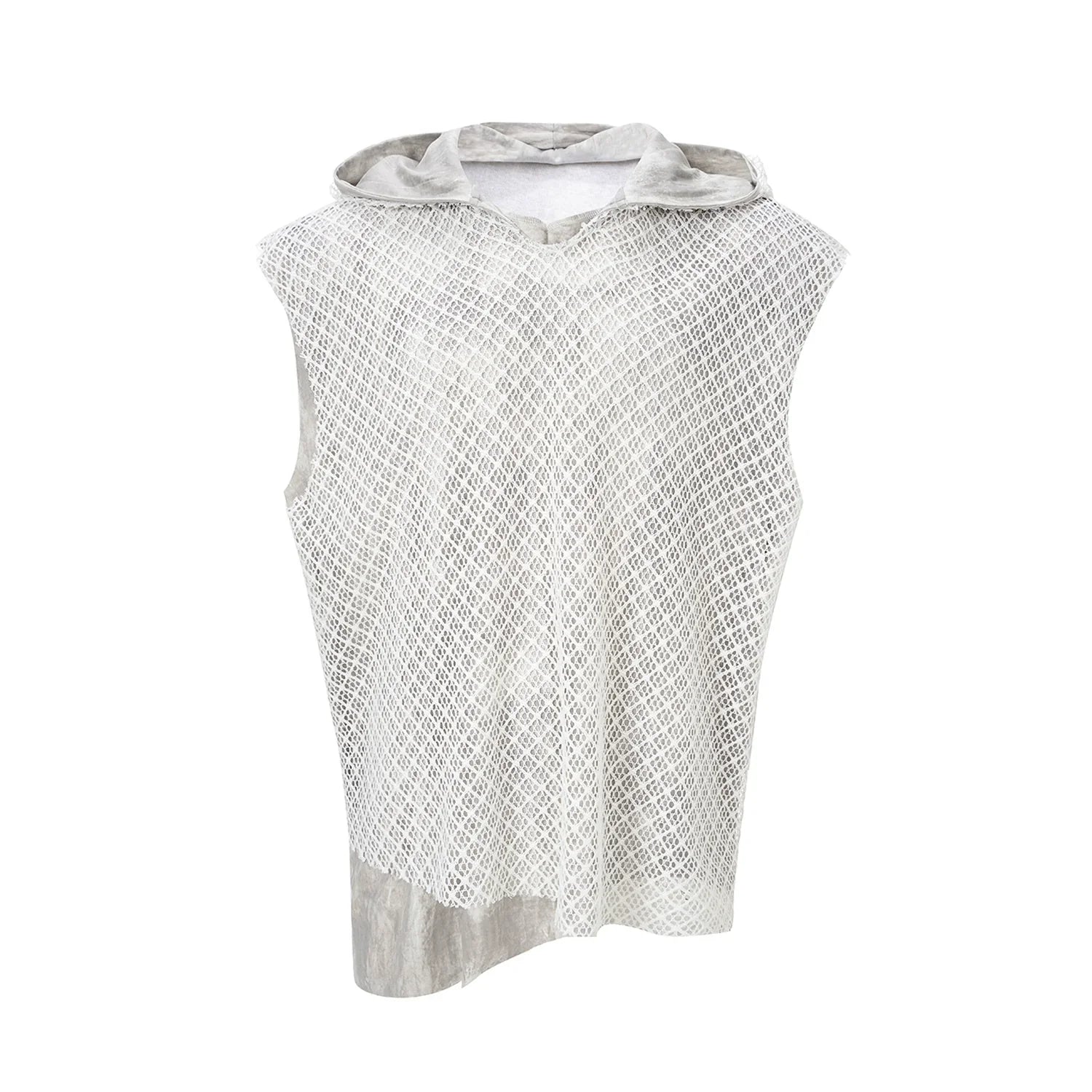 Black Mesh Sleeveless Hoodie with Textured Pattern