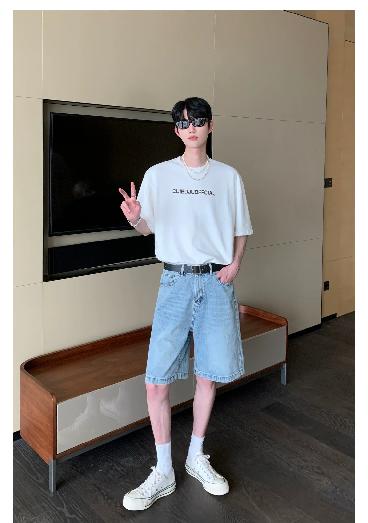 Faded Denim Shorts with Distressed Wash