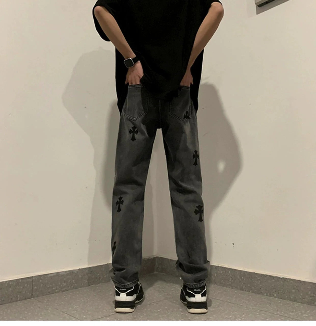 Vintage Wide Leg Denim Jeans with Cross Patches