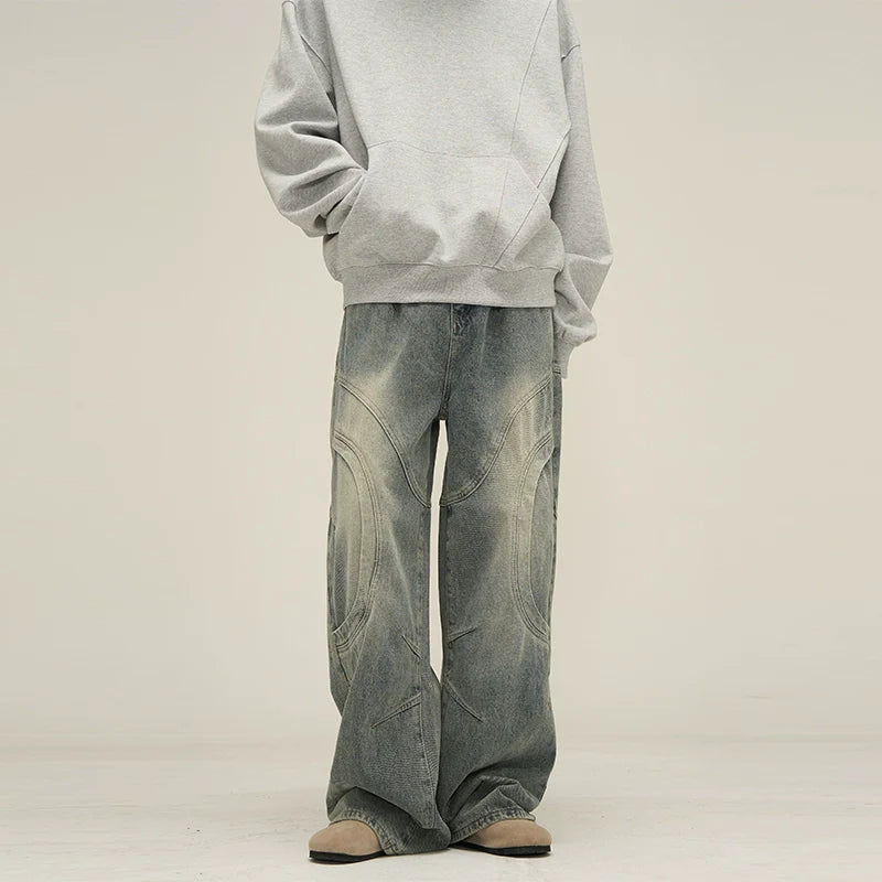 Wide-Leg Vintage Washed Jeans with Curved Stitching