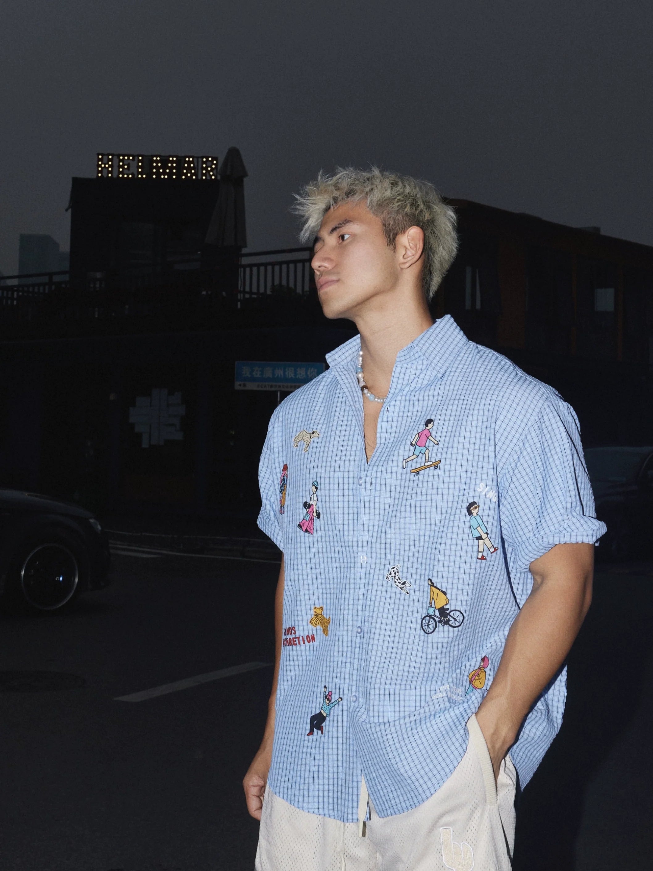 Cartoon Embroidered Check Shirt