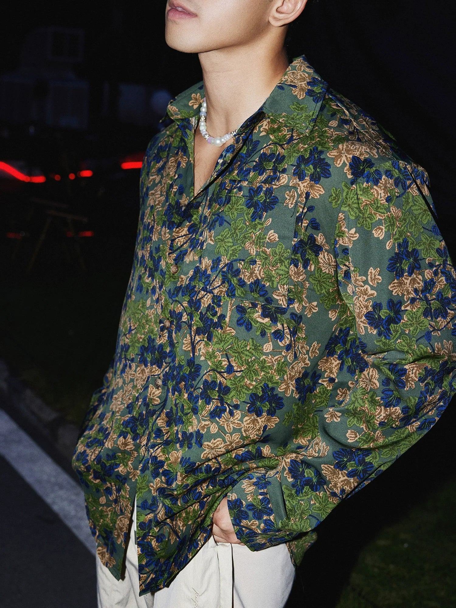 Green and Navy Floral Print Silk Shirt