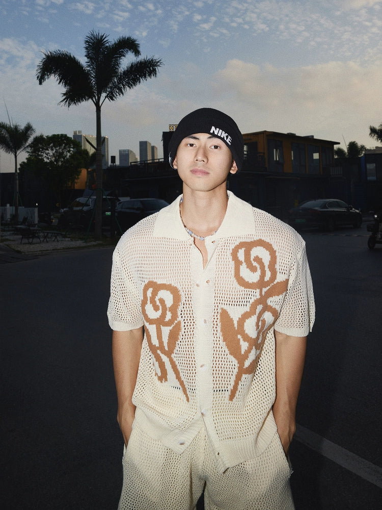 Cream Mesh Print Sweater and Shorts Set