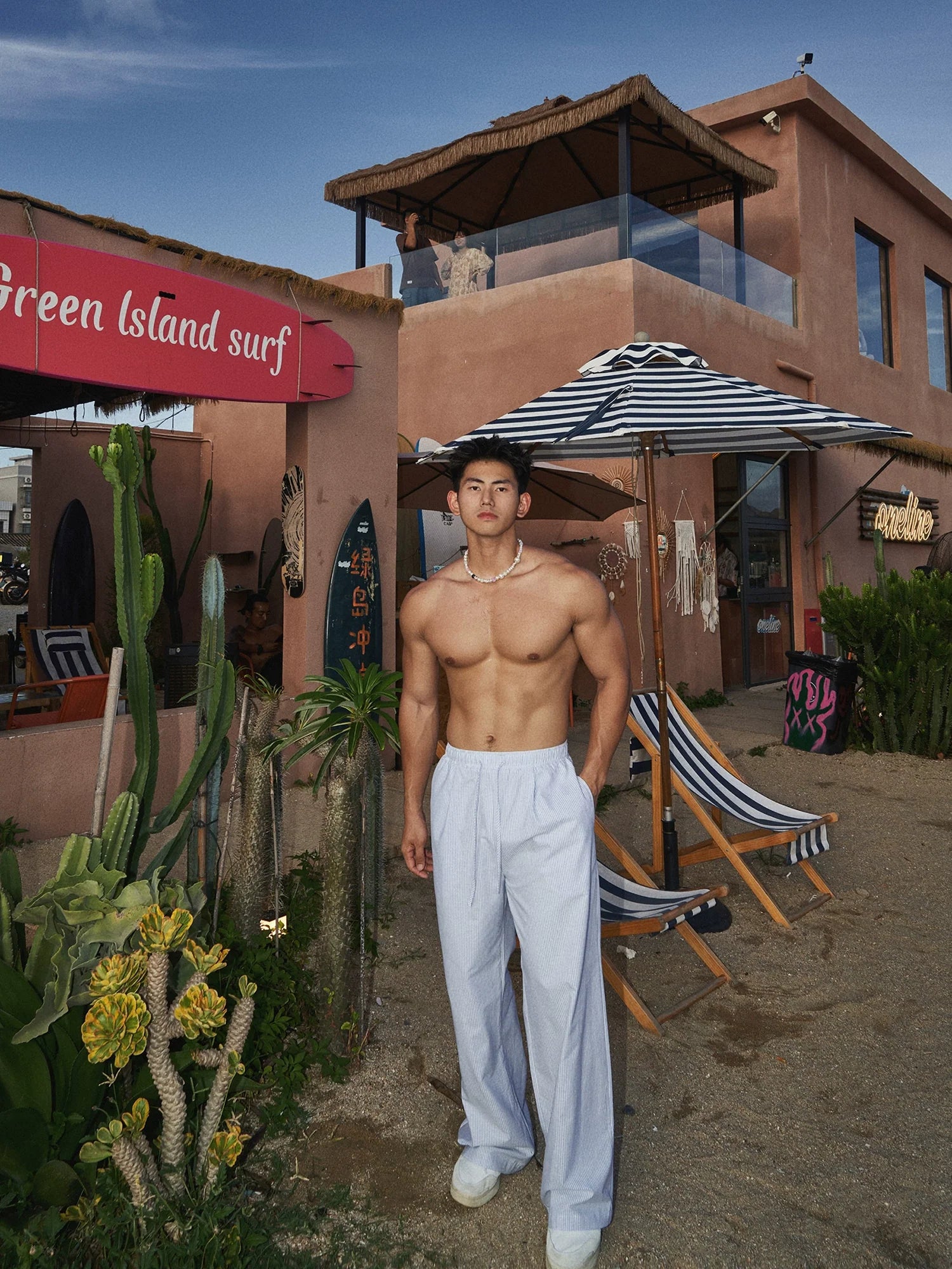 Striped Henley Leisure Shirt and Pants Setup
