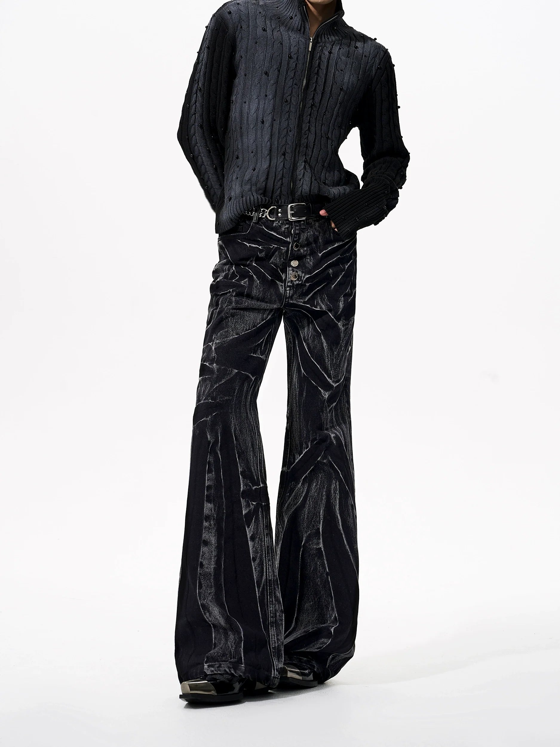 Black Flare Jeans with Abstract Patchwork Print