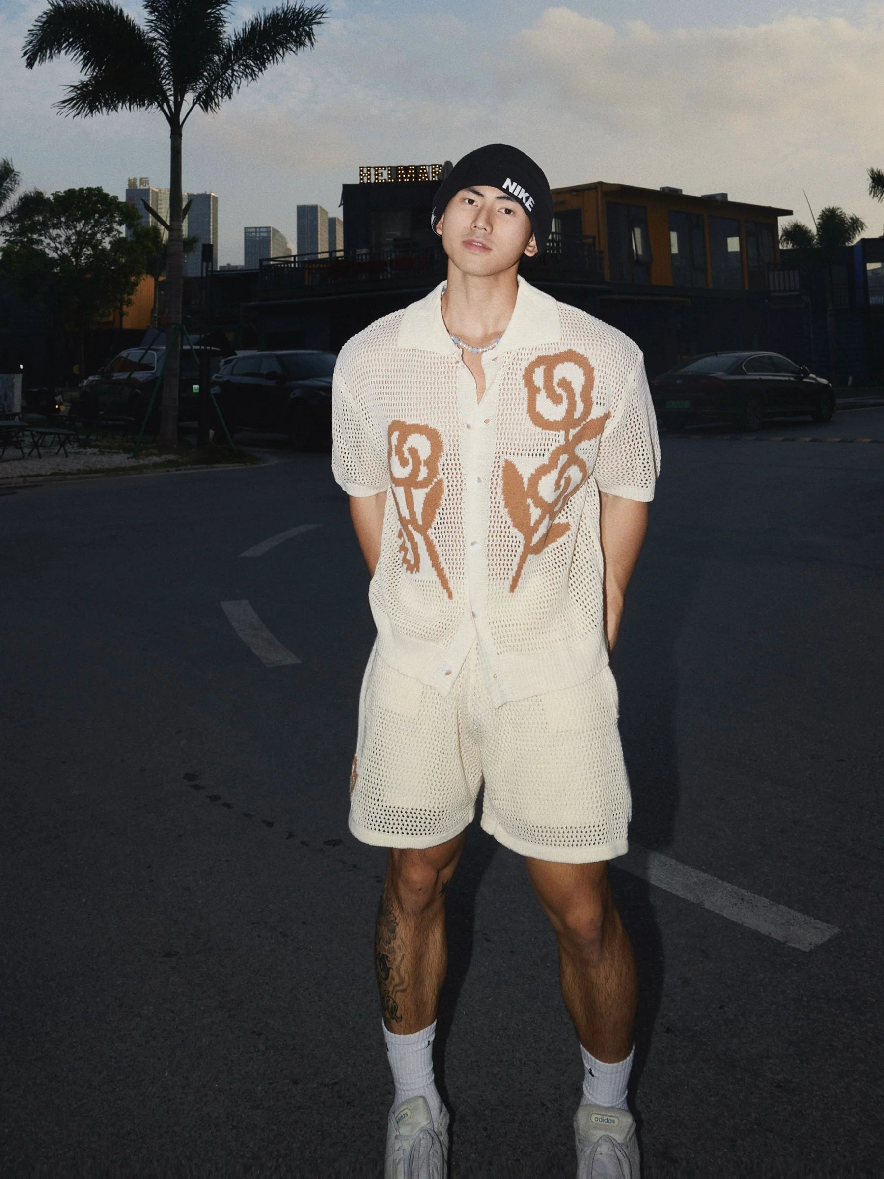 Cream Mesh Print Sweater and Shorts Set