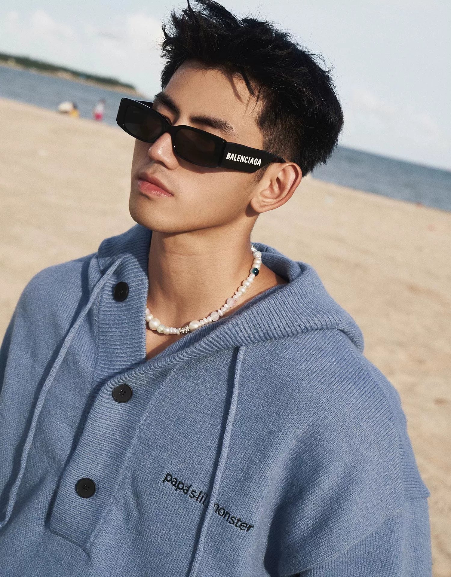 Blue Knit Hooded Henley Sweater