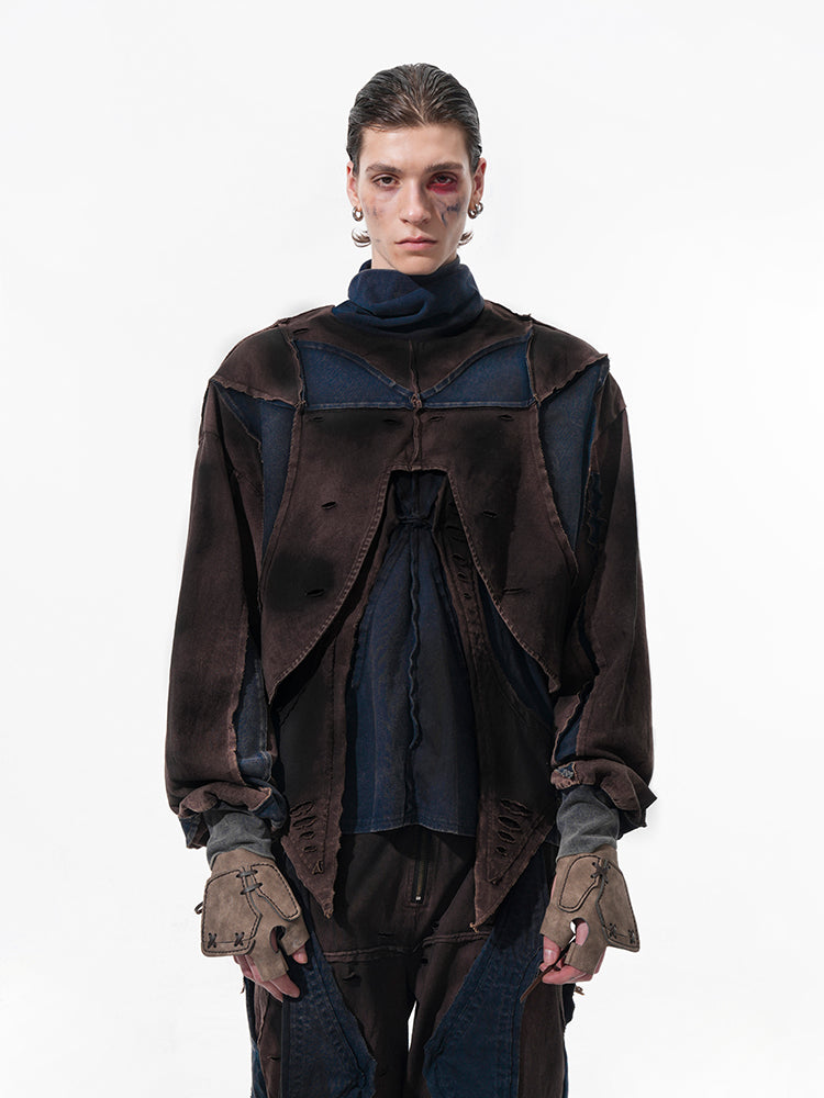 Deconstructed Patchwork Denim Sweatshirt Tank Top and Pants Setup