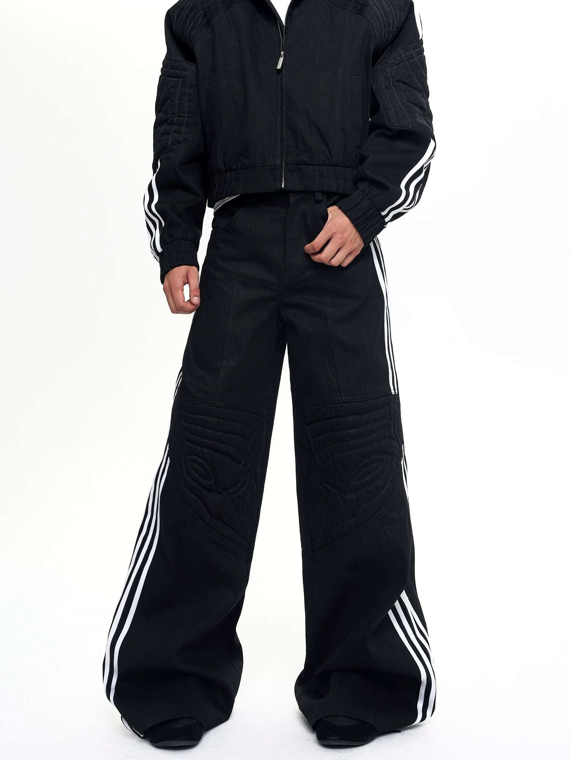 Black Zip Jacket and Wide-Leg Striped Pants Setup