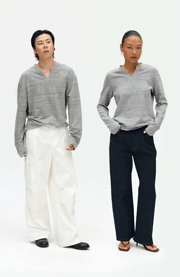 Plain V-neck Long Sleeve T-shirt