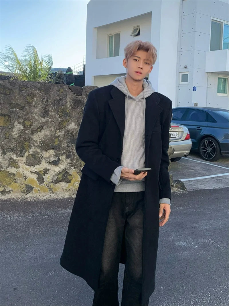 Long Black Wool Coat with Hoodie Layering