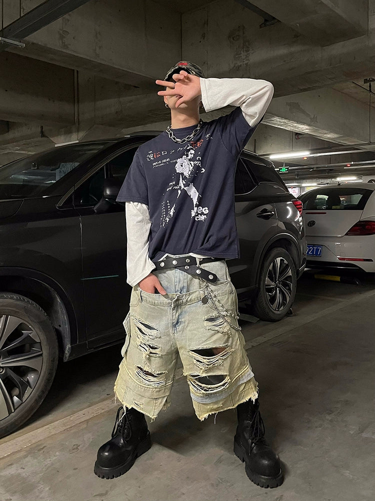 Shredded Edge Ripped Denim Shorts