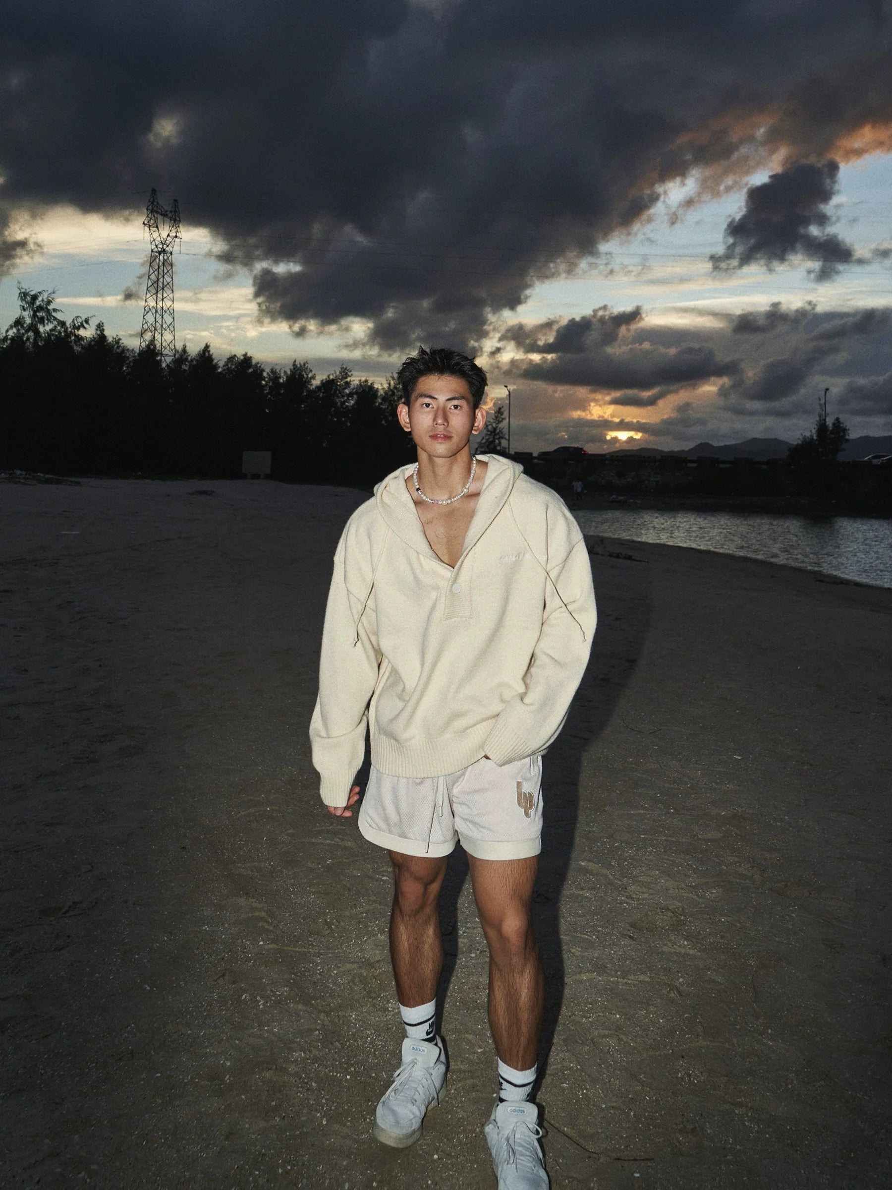 Blue Knit Hooded Henley Sweater