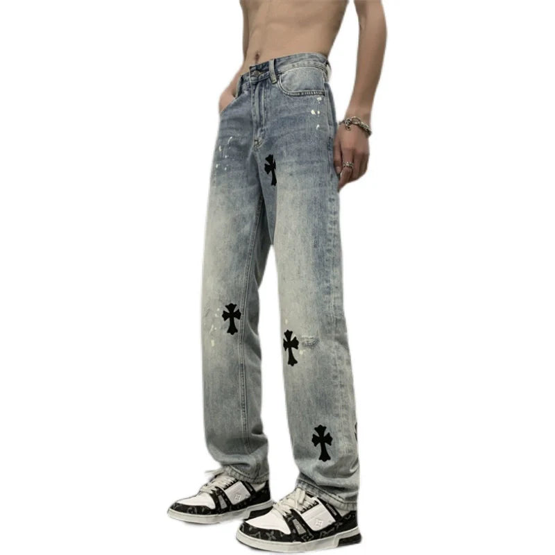 Vintage Wide Leg Denim Jeans with Cross Patches