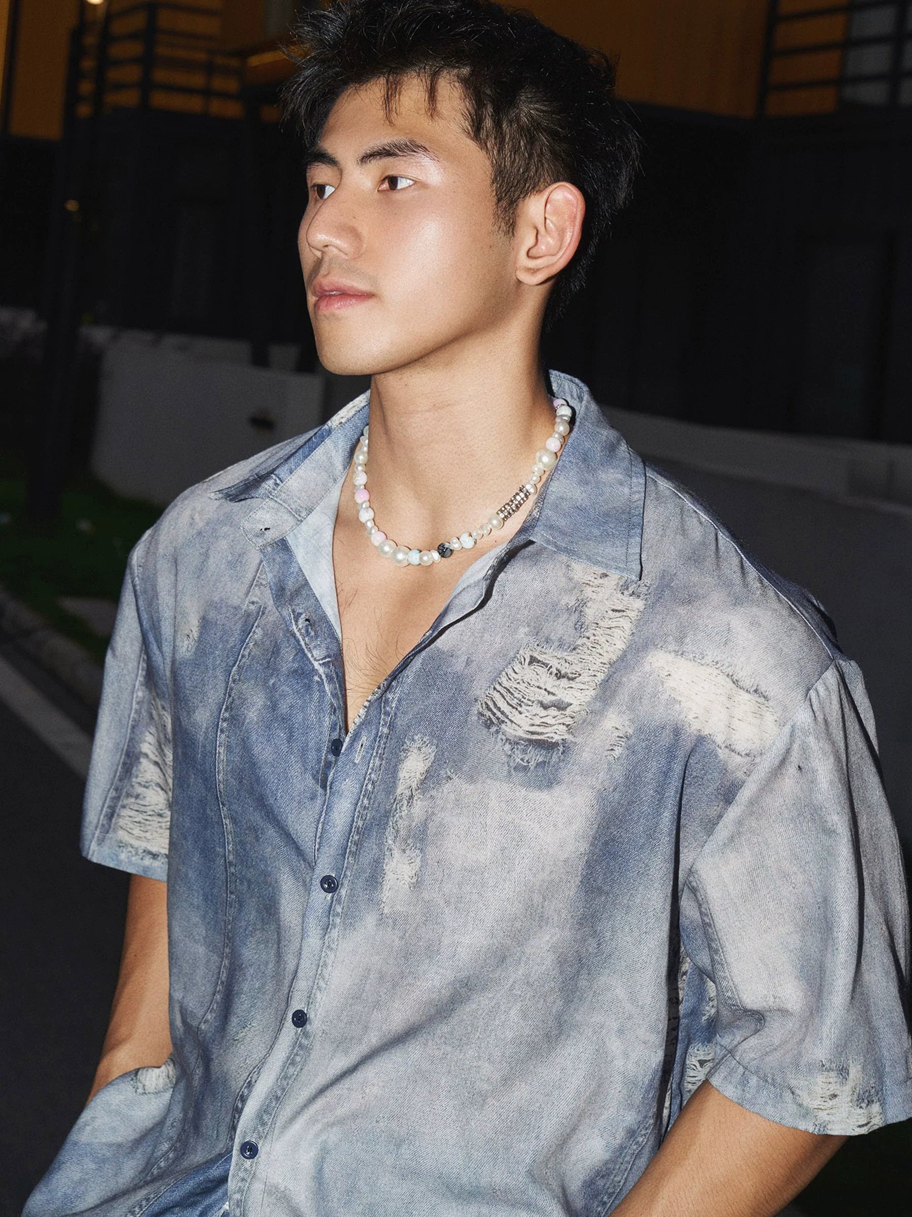 디스트로이드 데님 버튼 다운 셔츠