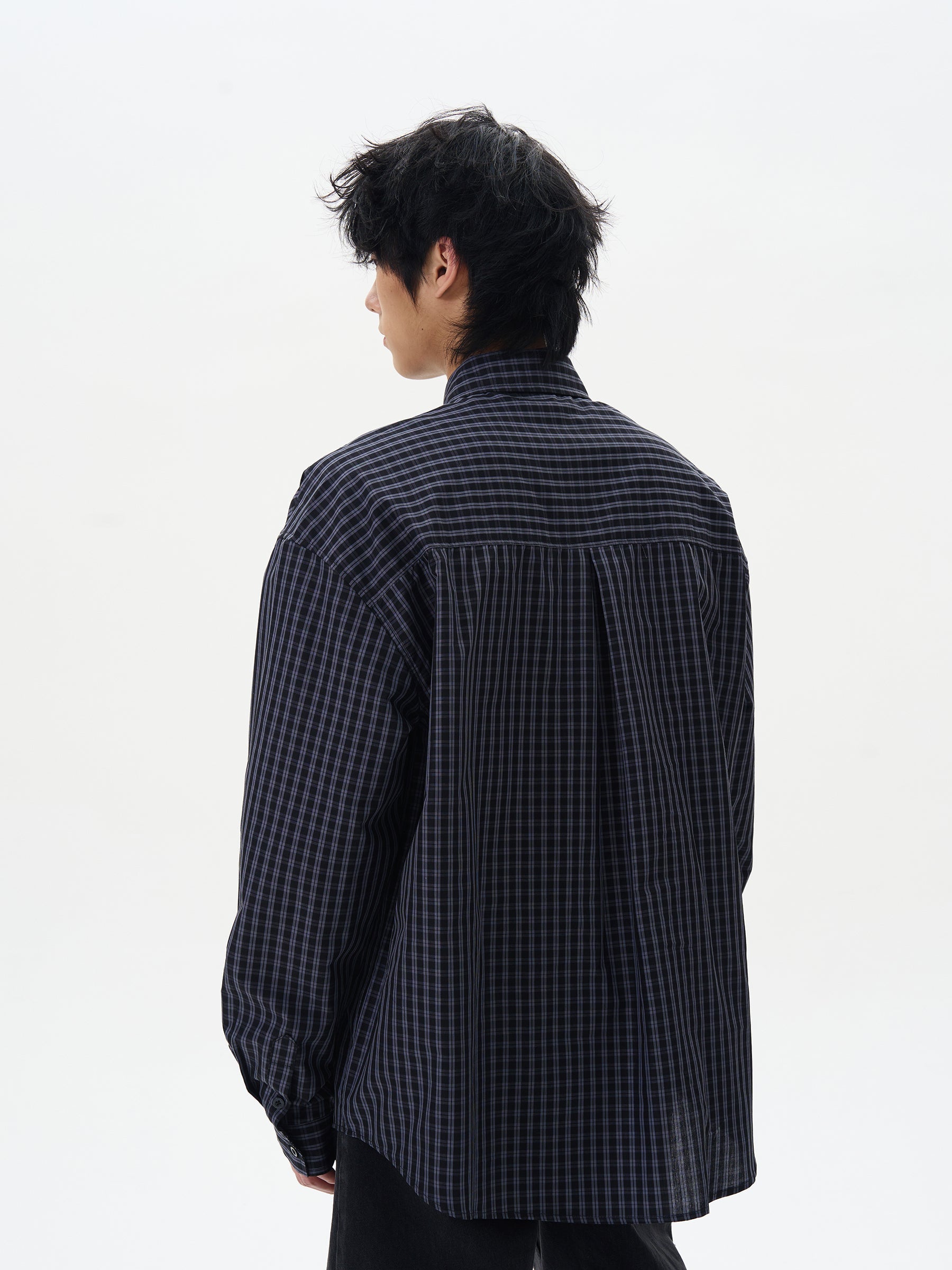 네이비 체크 릴렉스 핏 버튼다운 셔츠