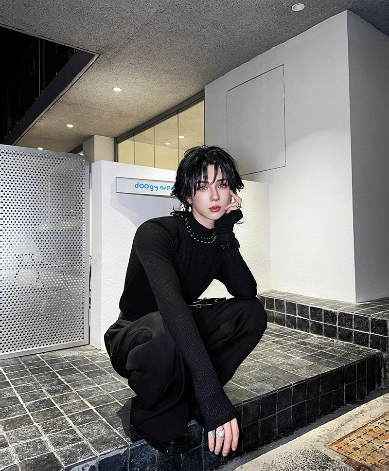 블랙 스터드 칼라 골지 니트 탑