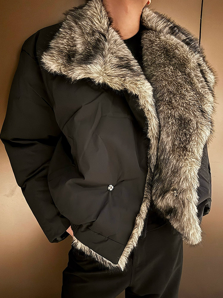 Black Bomber Jacket with Faux Fur Lapel