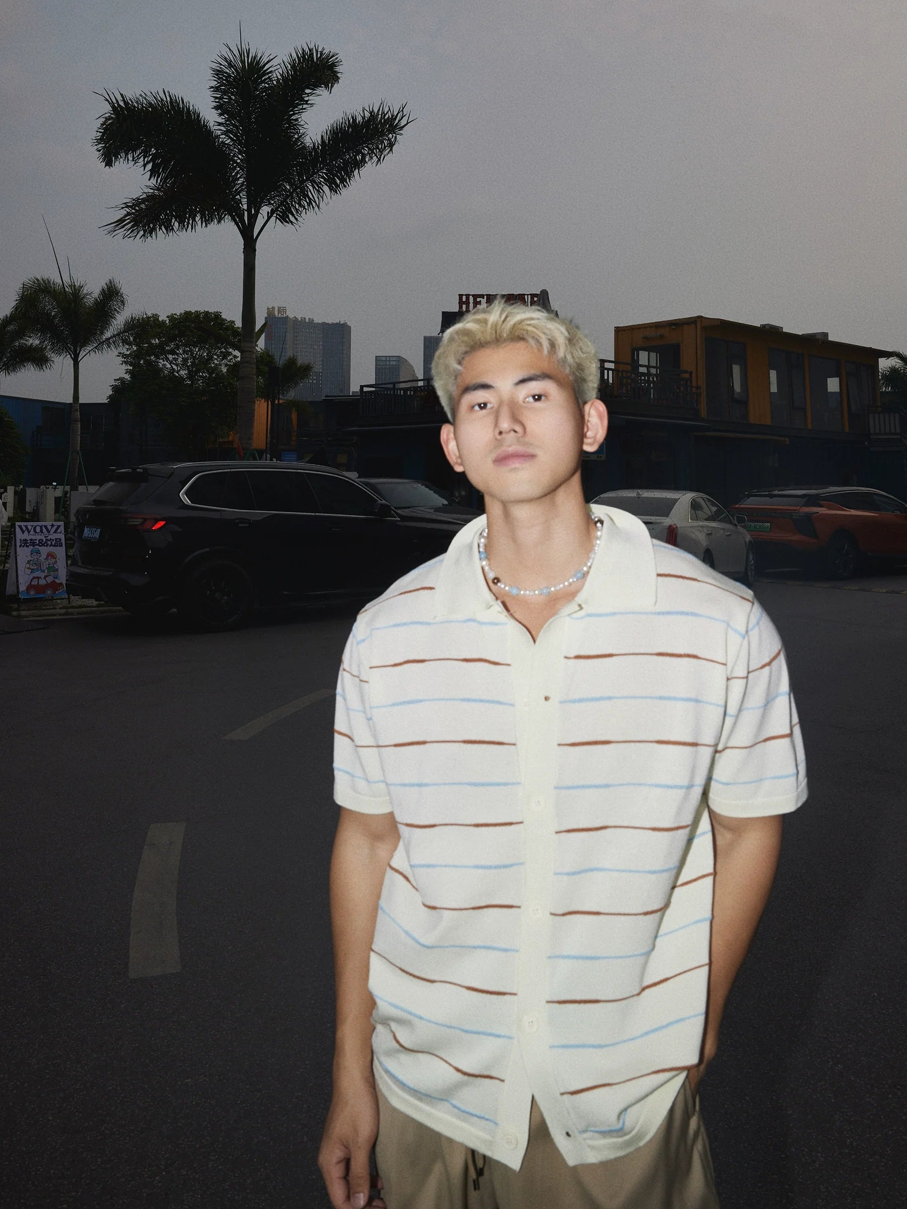 Cream Striped Knit Button-Up Shirt