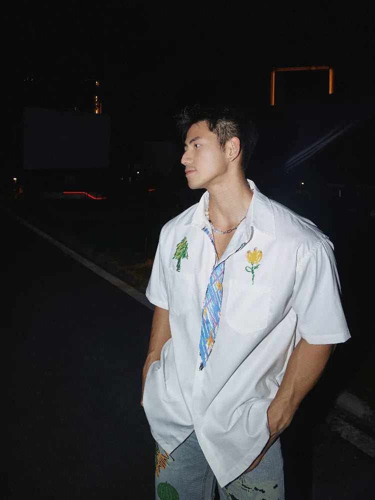 화이트 두들 자수 캐주얼 셔츠