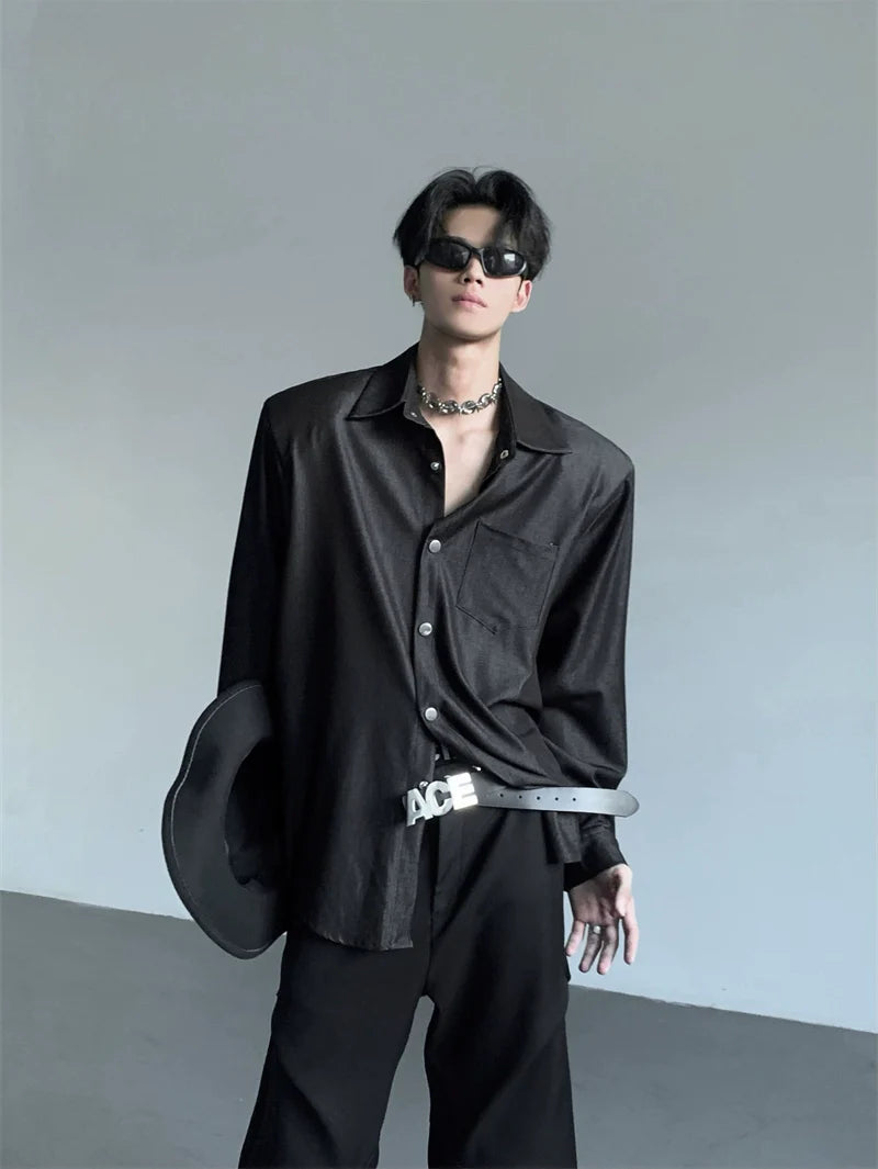 Structured Black Button-Up Shirt with Wide Shoulders