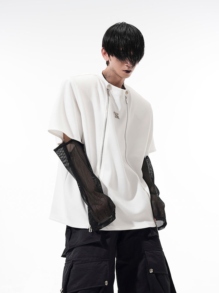 이중 전면 지퍼와 메시 슬리브 티셔츠