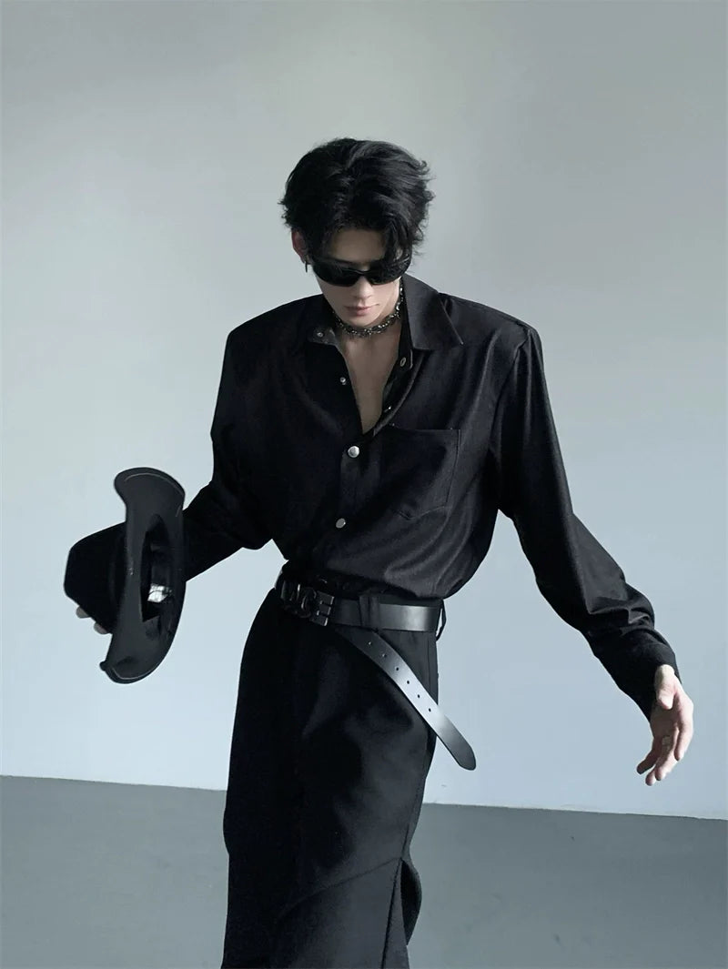 Structured Black Button-Up Shirt with Wide Shoulders