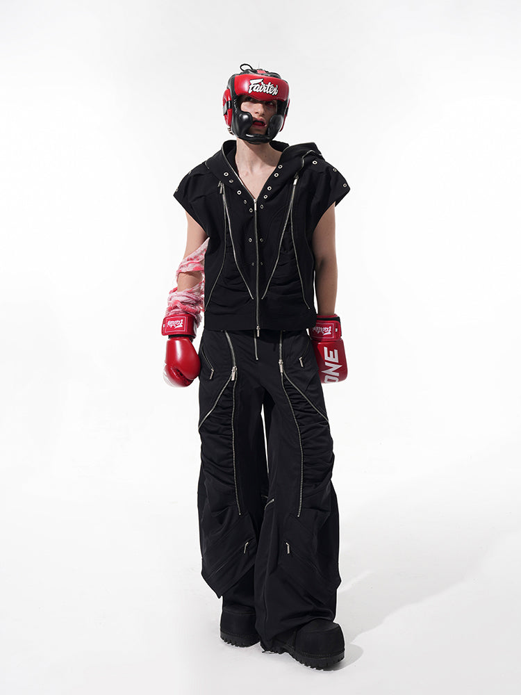 Black Zip-Detail Fighter Jacket and Zipper Pants Setup