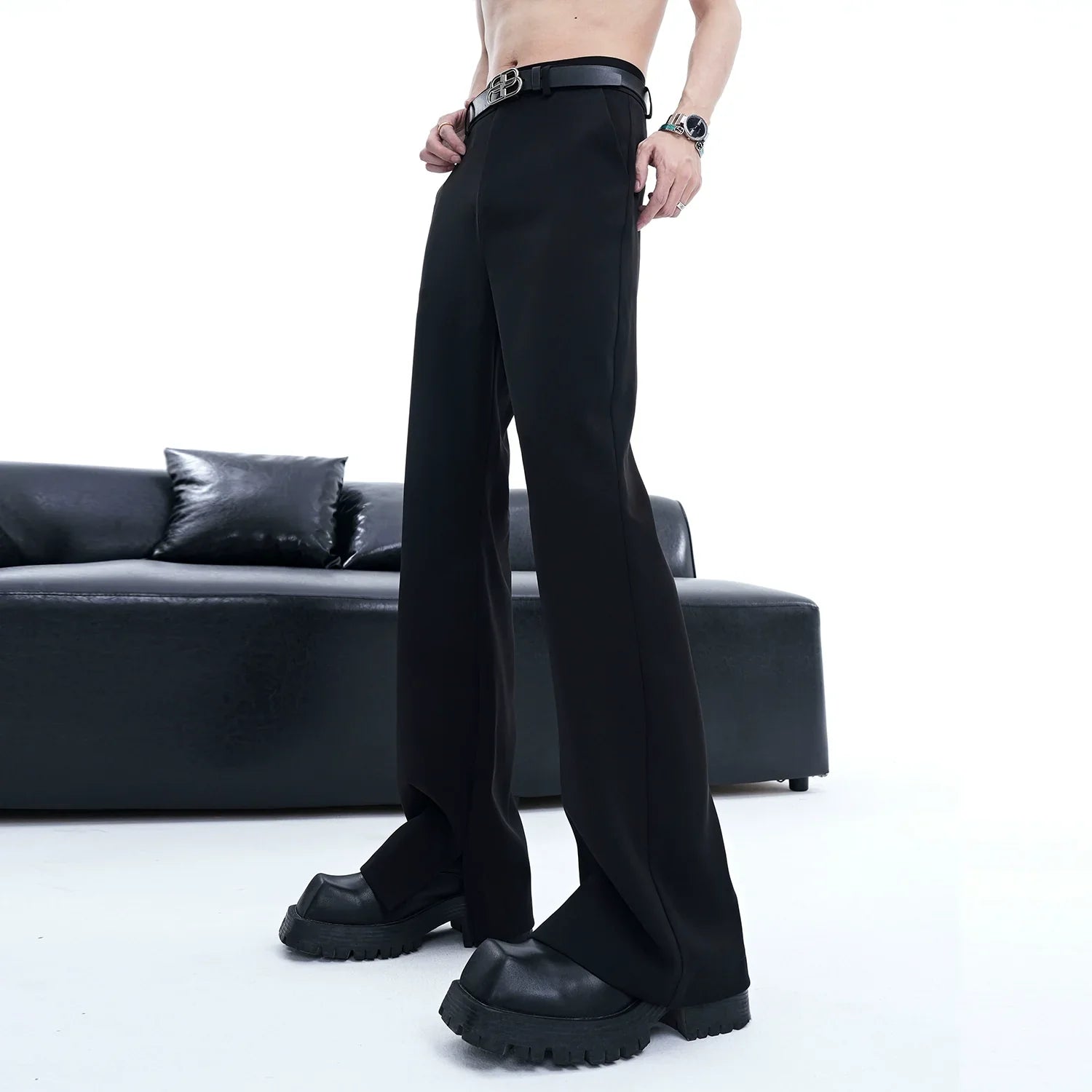 블랙 플레어 슬릿 정장 팬츠