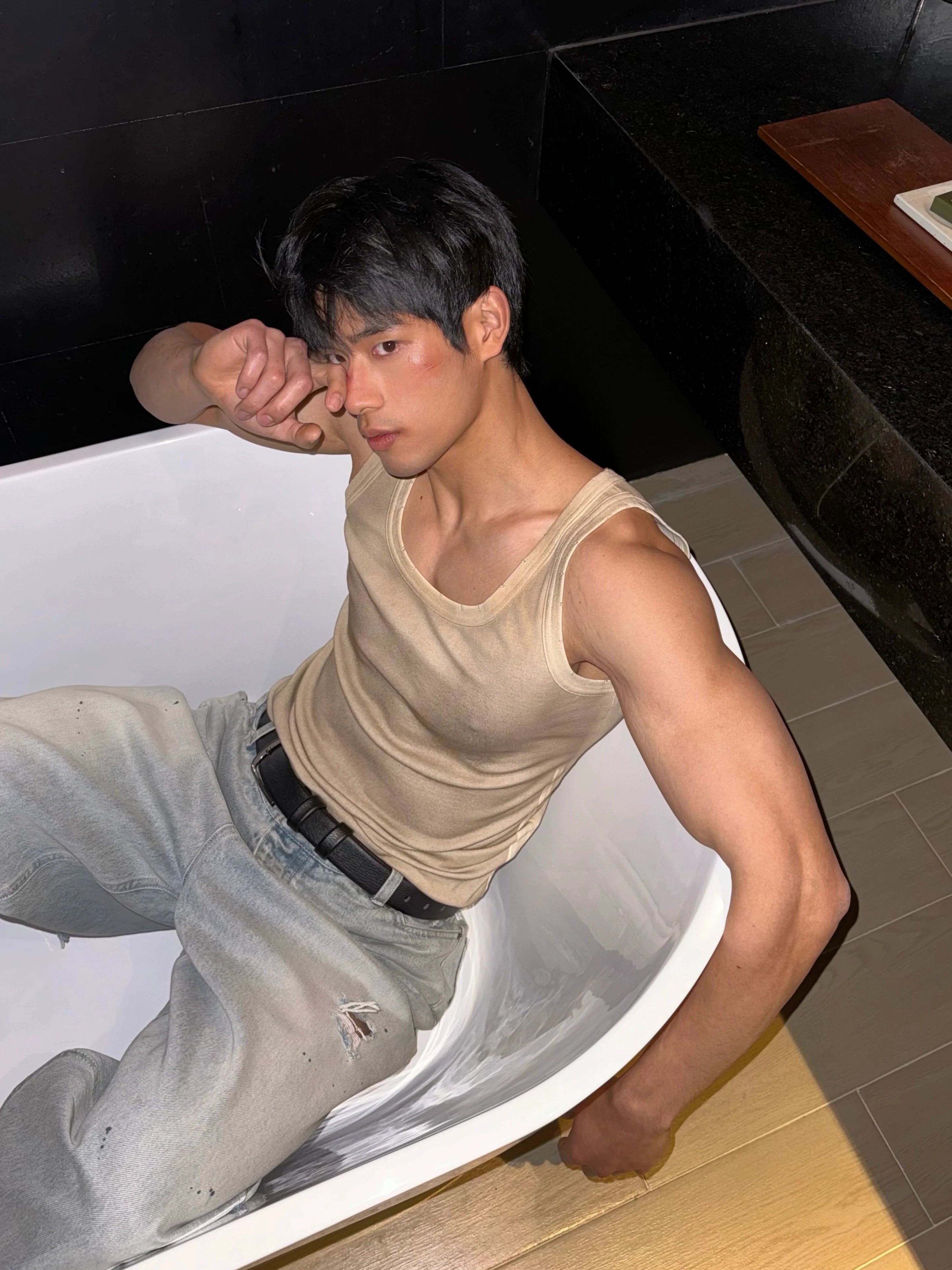 Beige Distressed Tank Top