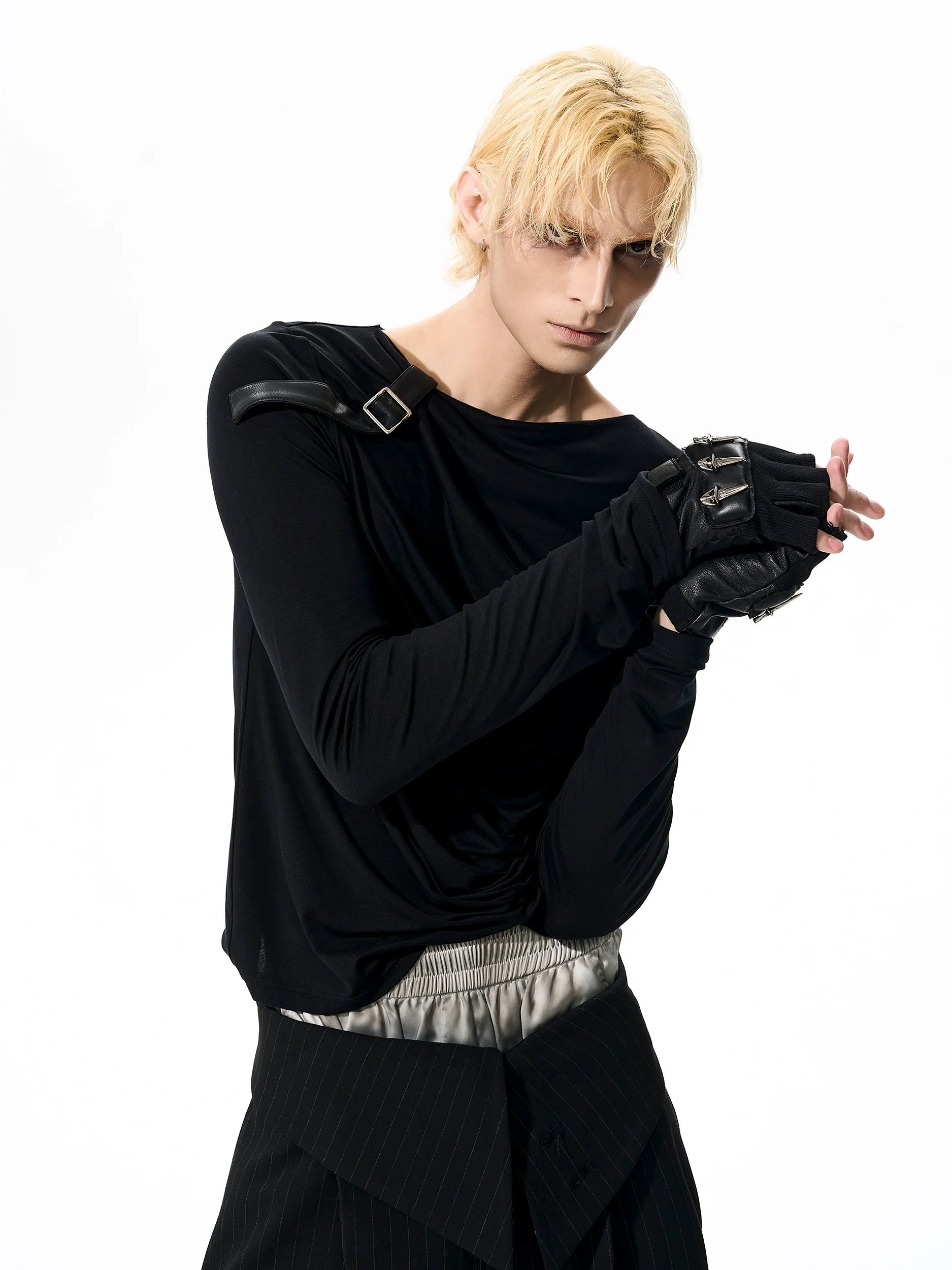 Asymmetrical Drape Black Top with Buckle Detail