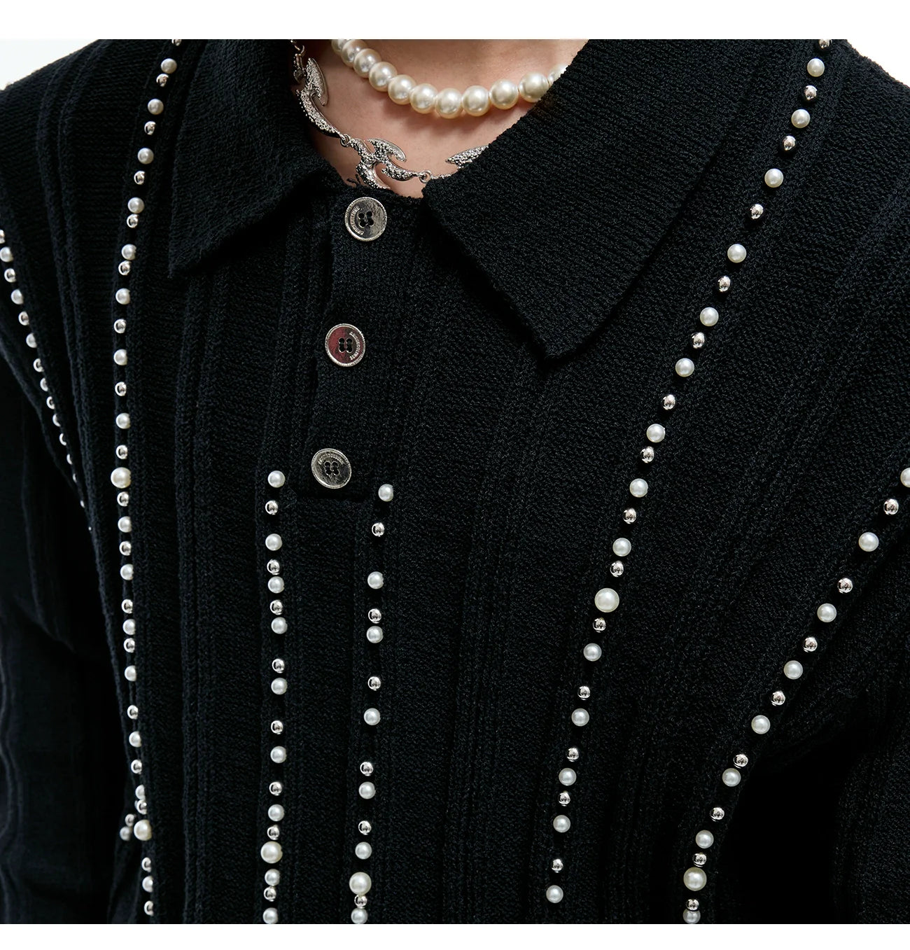 Beaded Knit Polo Sweater