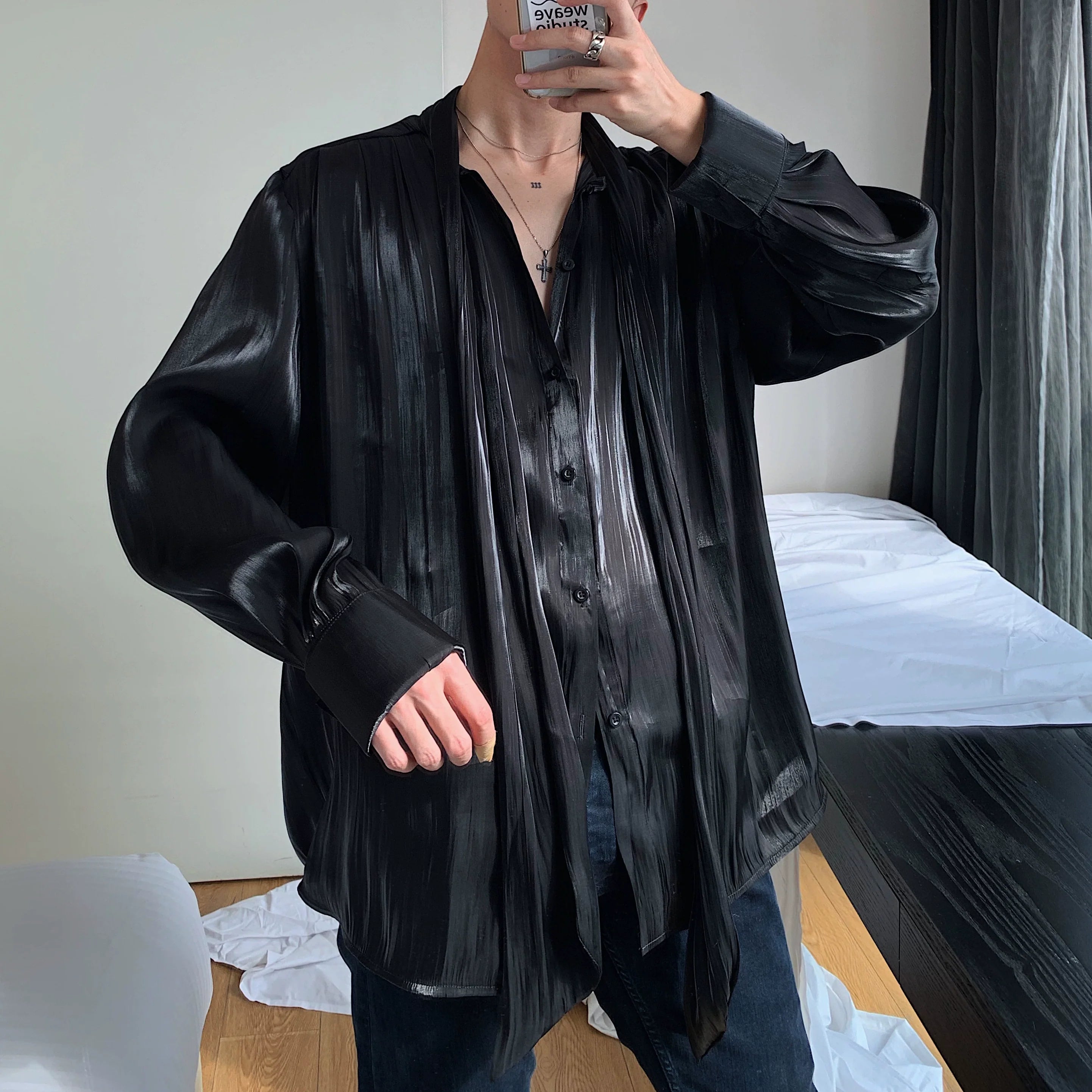 Black Draped Satin Wrap Blouse Top