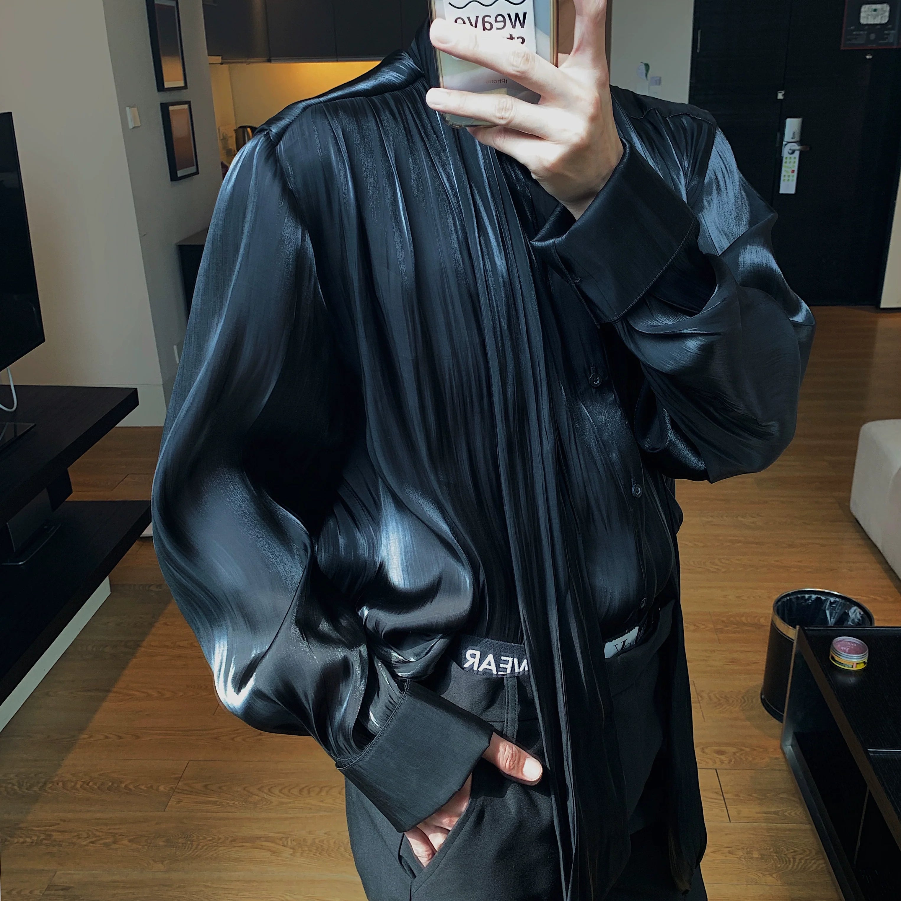 Black Draped Satin Wrap Blouse Top
