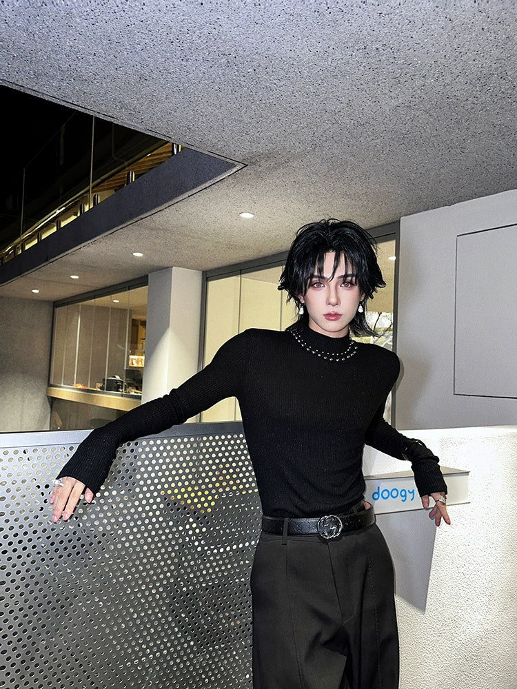 블랙 스터드 칼라 골지 니트 탑