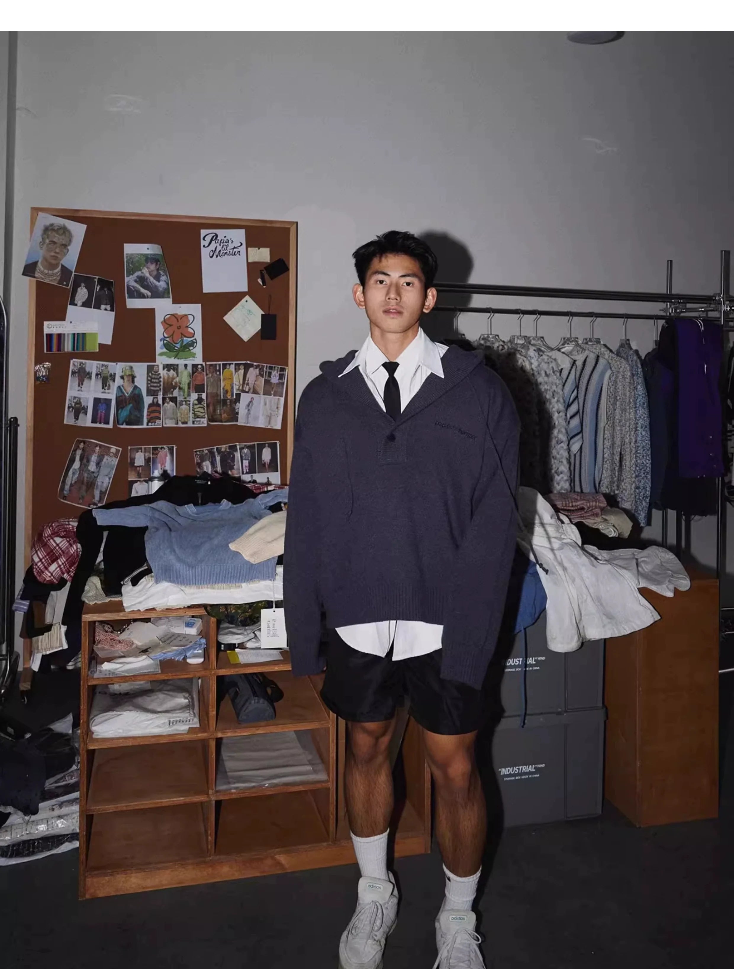 Blue Knit Hooded Henley Sweater