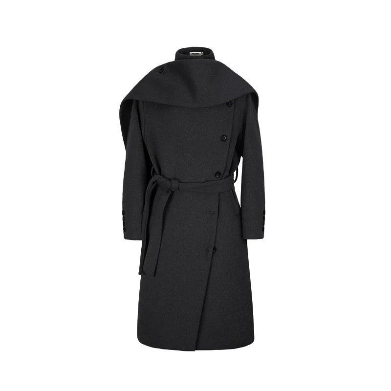 Wool Belted Overcoat with Cape Collar