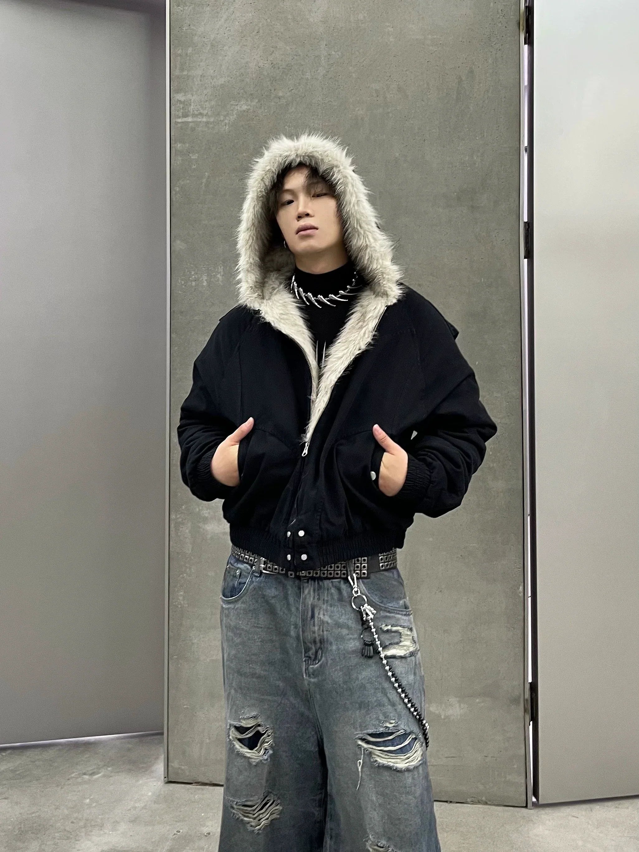 Fake Faux Fur Hood Bomber Jacket
