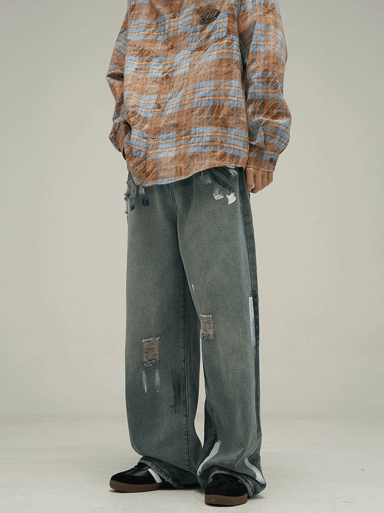 Artistic Wide-Leg Paint Splatter Jeans - chiclara