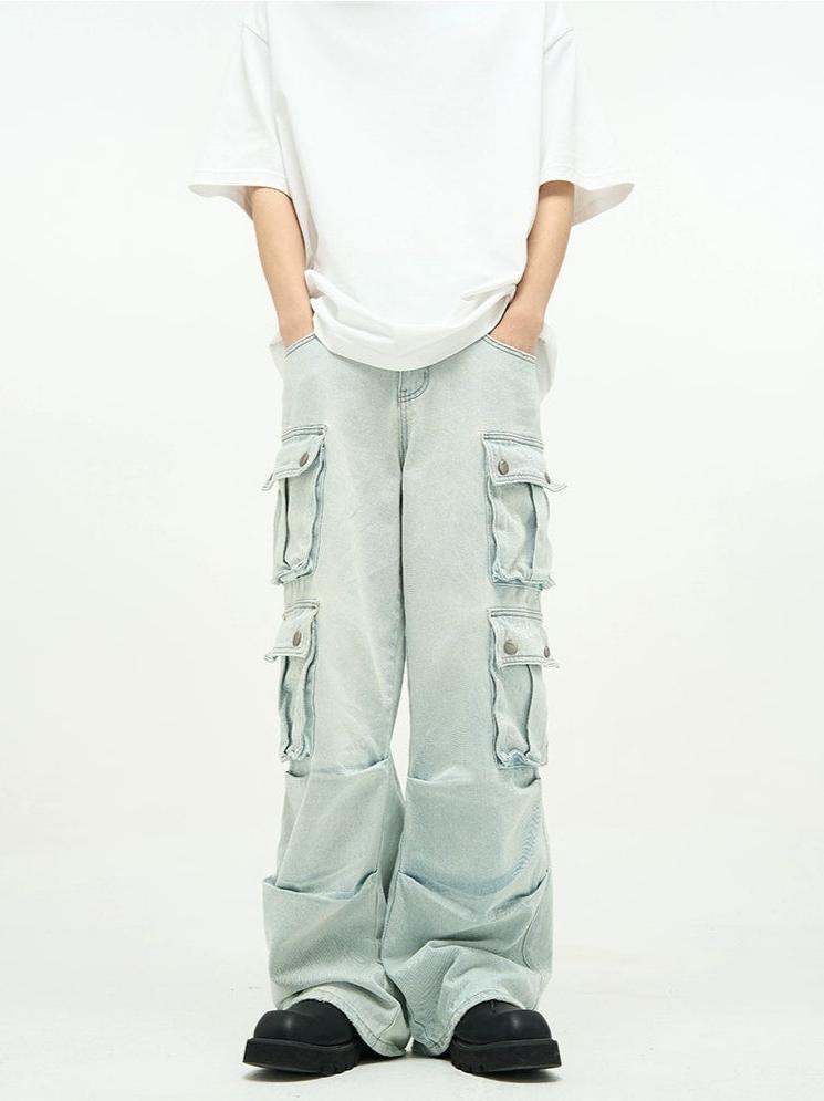 Faded Multi Pocket Wide-Leg Cargo Jeans
