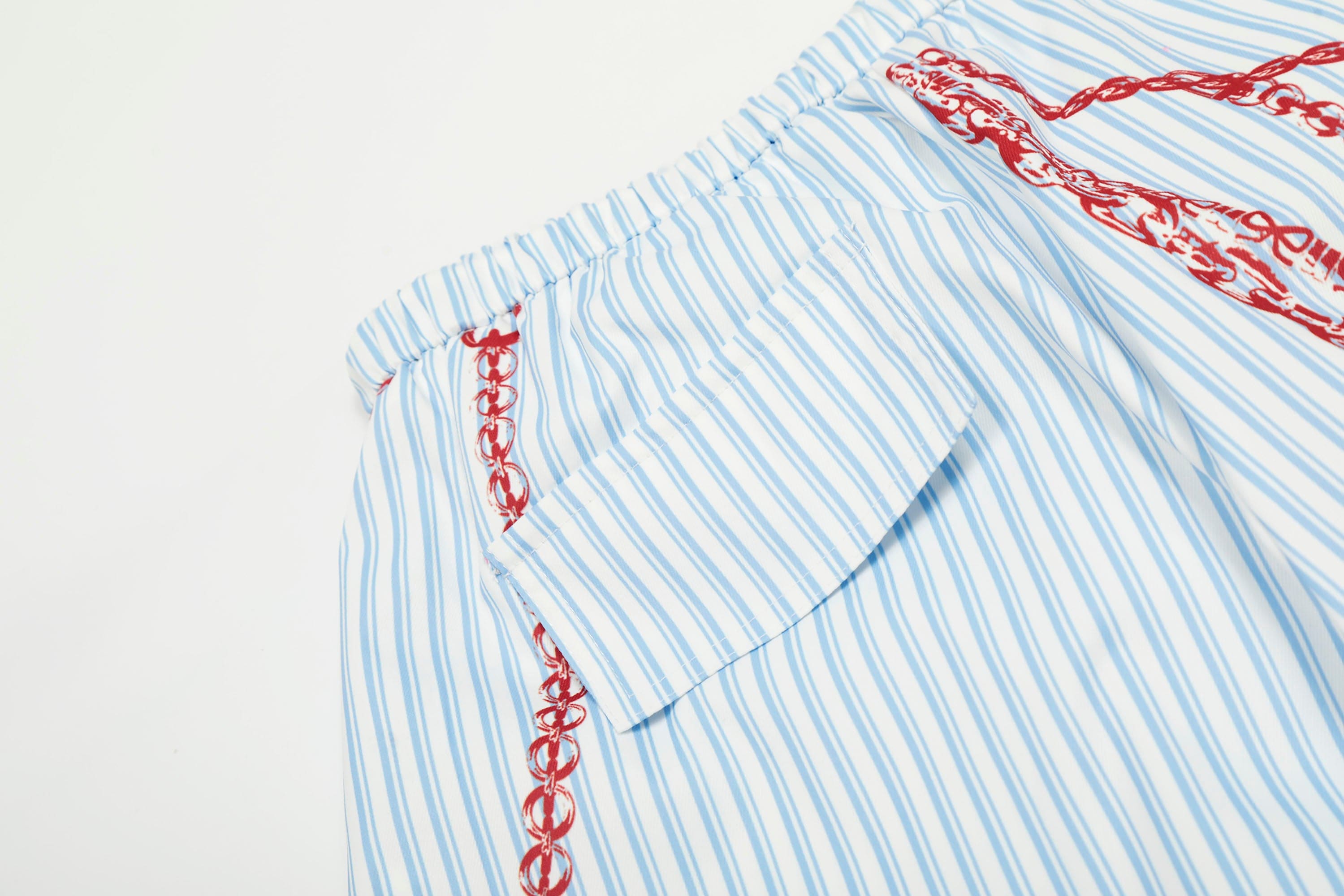 Blue Pinstripe Pants with Red Chain Print
