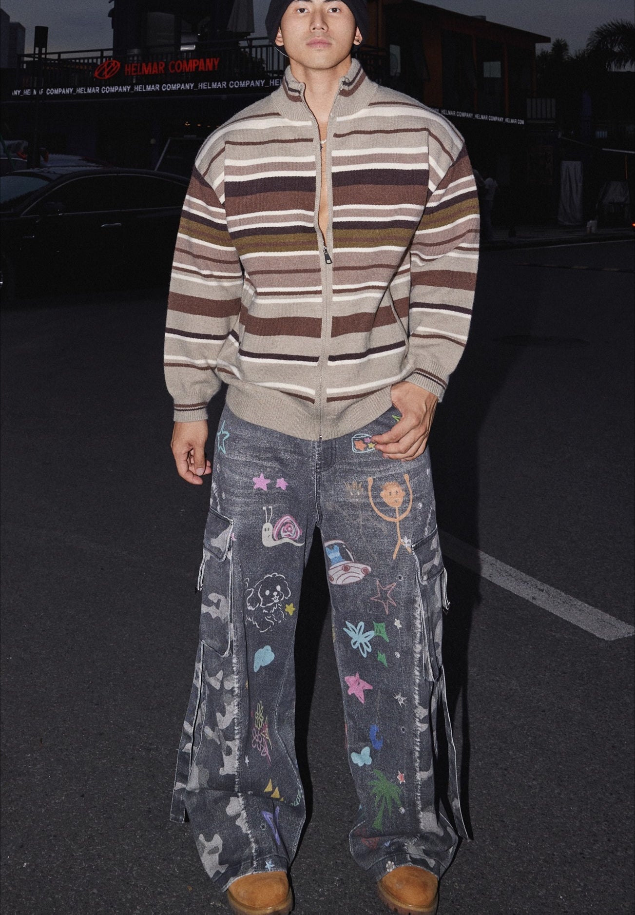 Brown Striped Zip Up Knit Sweater