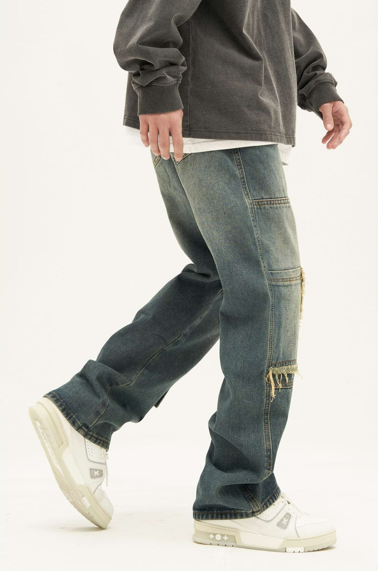 Patchwork Distressed Wide Leg Pocket Jeans