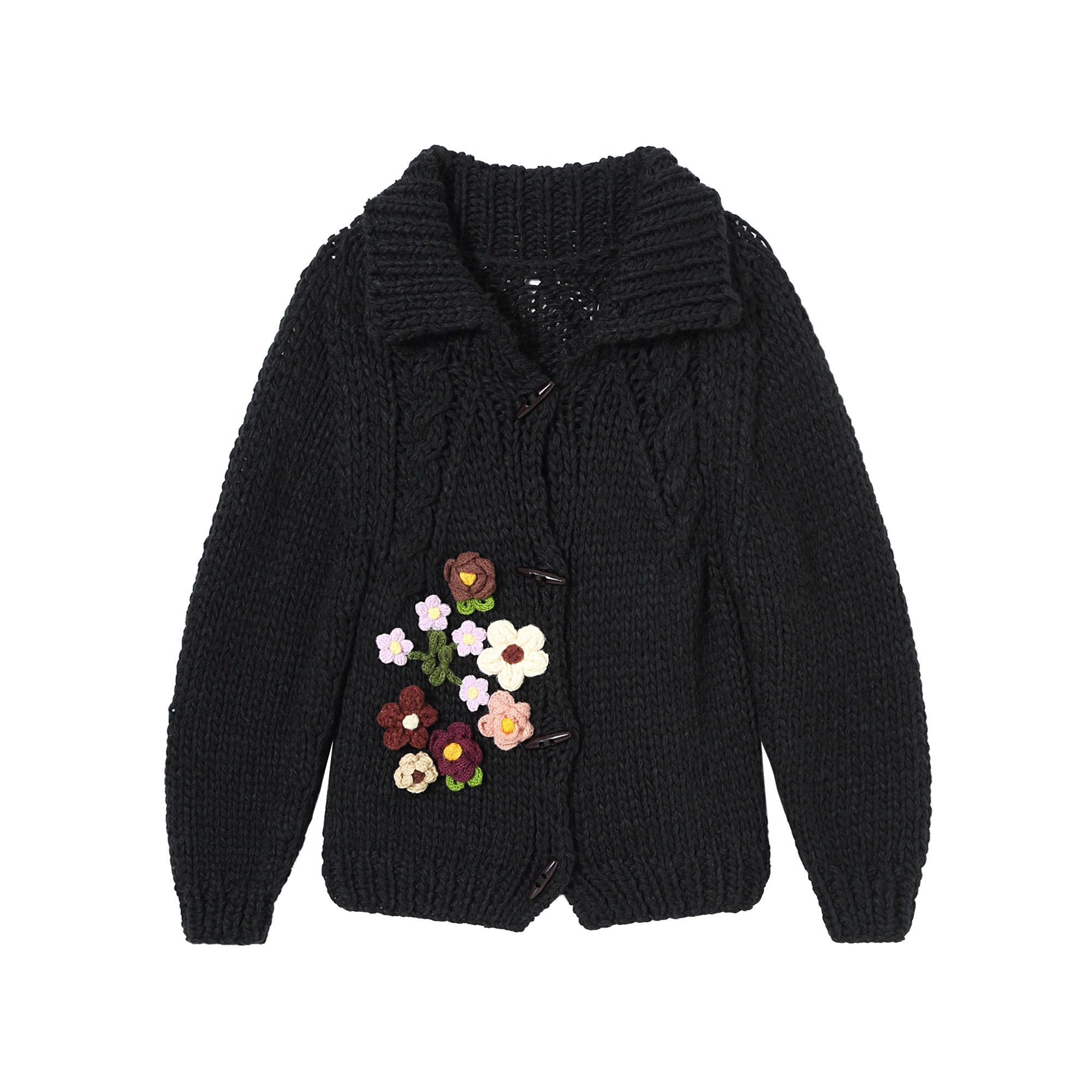 Chunky Knit Cardigan with Crocheted Flowers