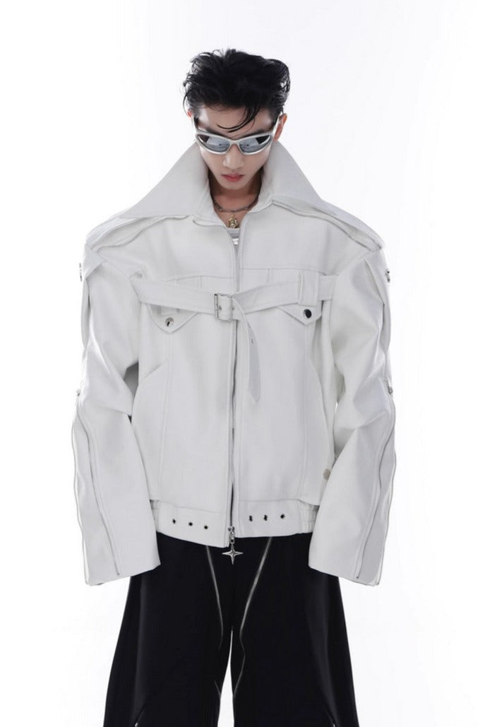 Zipper Leather Jacket with Logo - chiclara