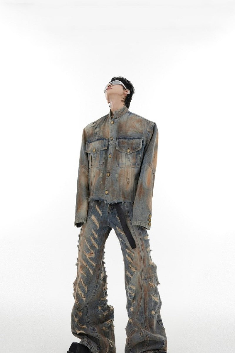 Vintage Washed Distressed Denim Jacket - chiclara