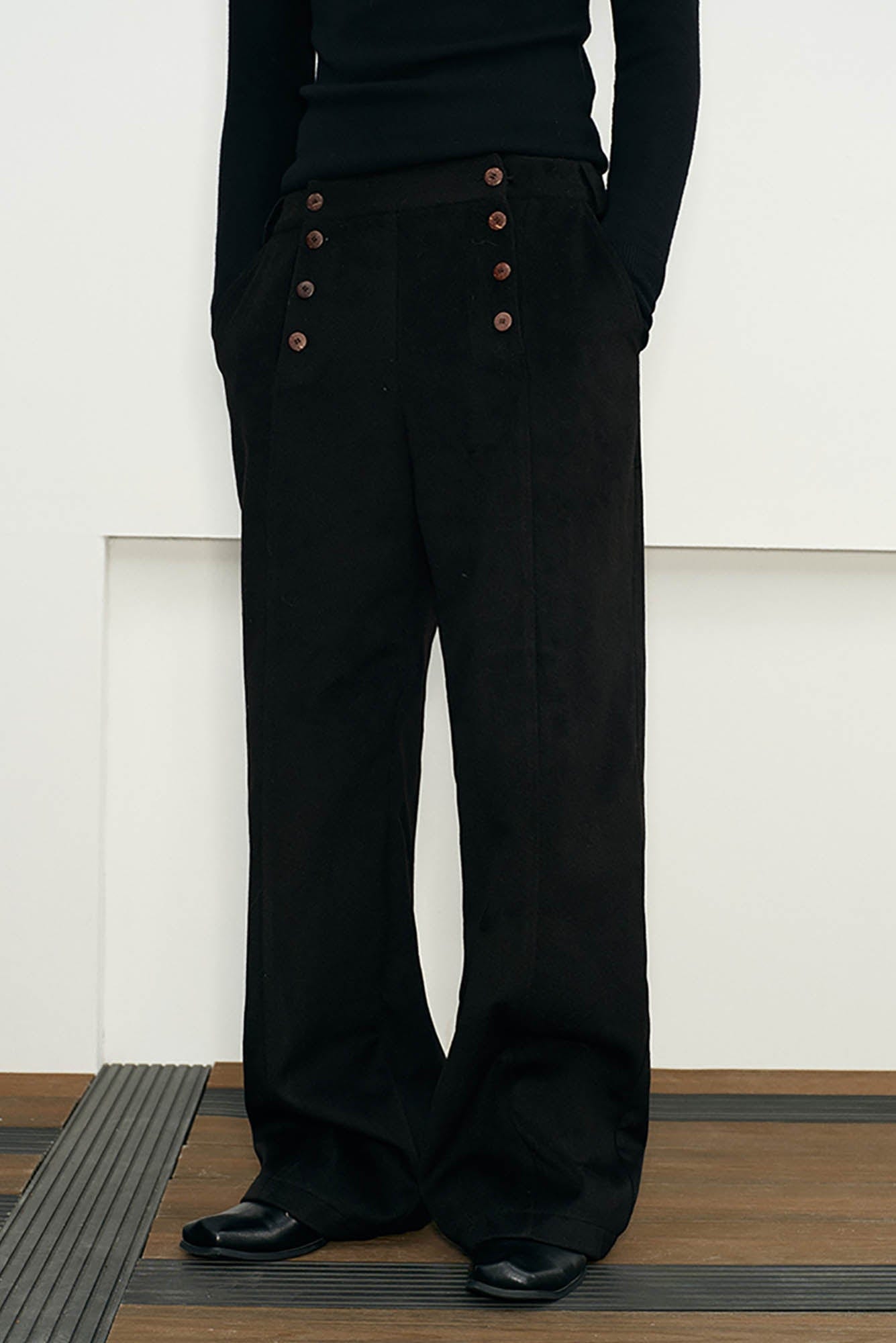더블 브레스티드 와이드 레그 울 팬츠